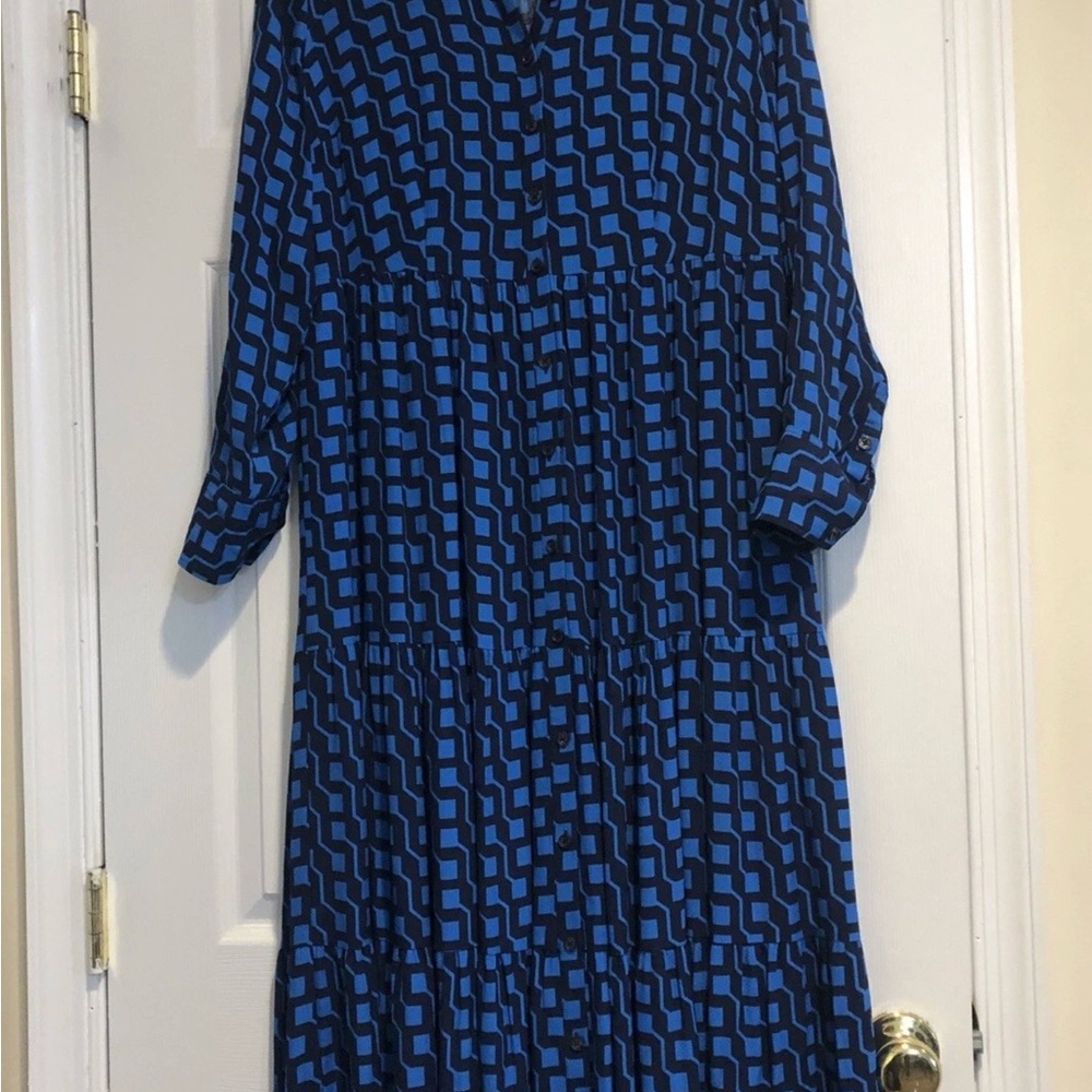 Boden Blue Geometric Long Sleeve Tiered Dress